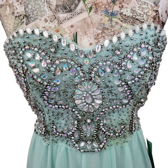 Formal Rhinestone Strapless Sparkle Blue Flowy Gown Long Maxi Dress BRAND NEW! - Picture 15 of 16